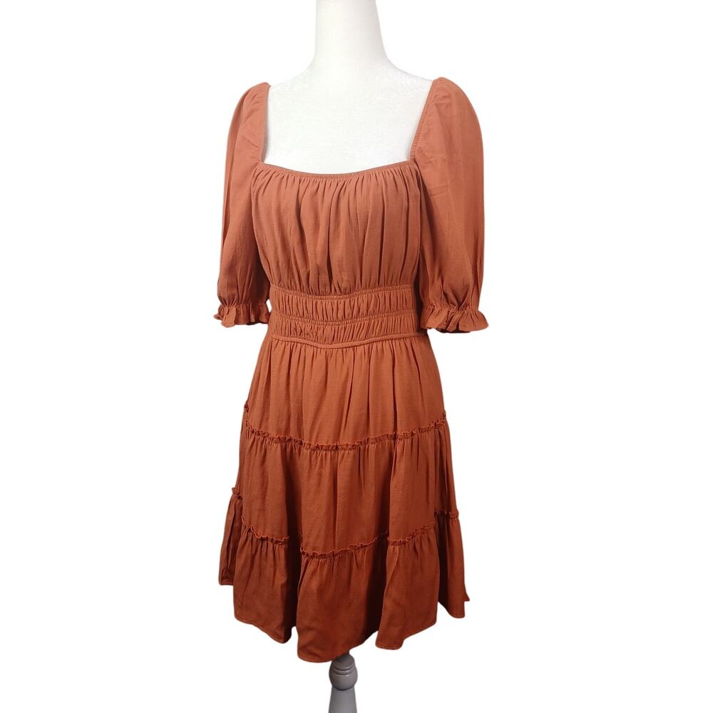 Trixie Puff Sleeve Tiered Dress L Square Neck Peasant Cottagecore‎ Smocked Boho